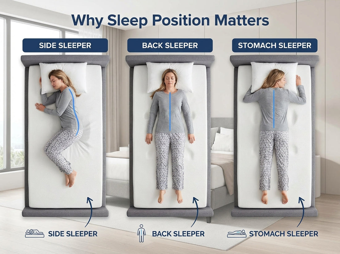 Sleeping position mattress guide showing side sleeper, back sleeper, and stomach sleeper with spinal alignment comparison.