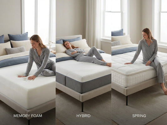 Comparison of memory foam, hybrid, and spring mattresses showing differences in comfort, support, and surface feel.