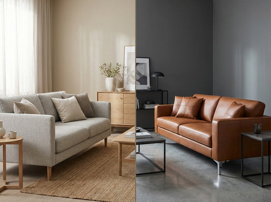 Contrasting images of a fabric and leather sofa. 