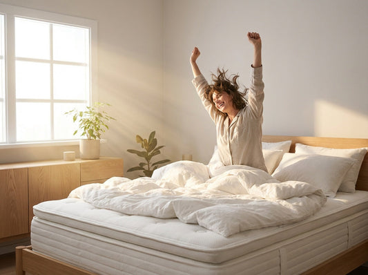Person waking up refreshed and stretching on a comfortable mattress in a bright modern bedroom