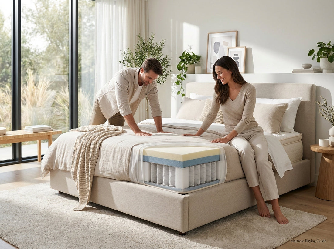 Couple testing a mattress in a bright modern bedroom, with a cutaway view showing foam layers and pocket coil support to illustrate mattress construction.