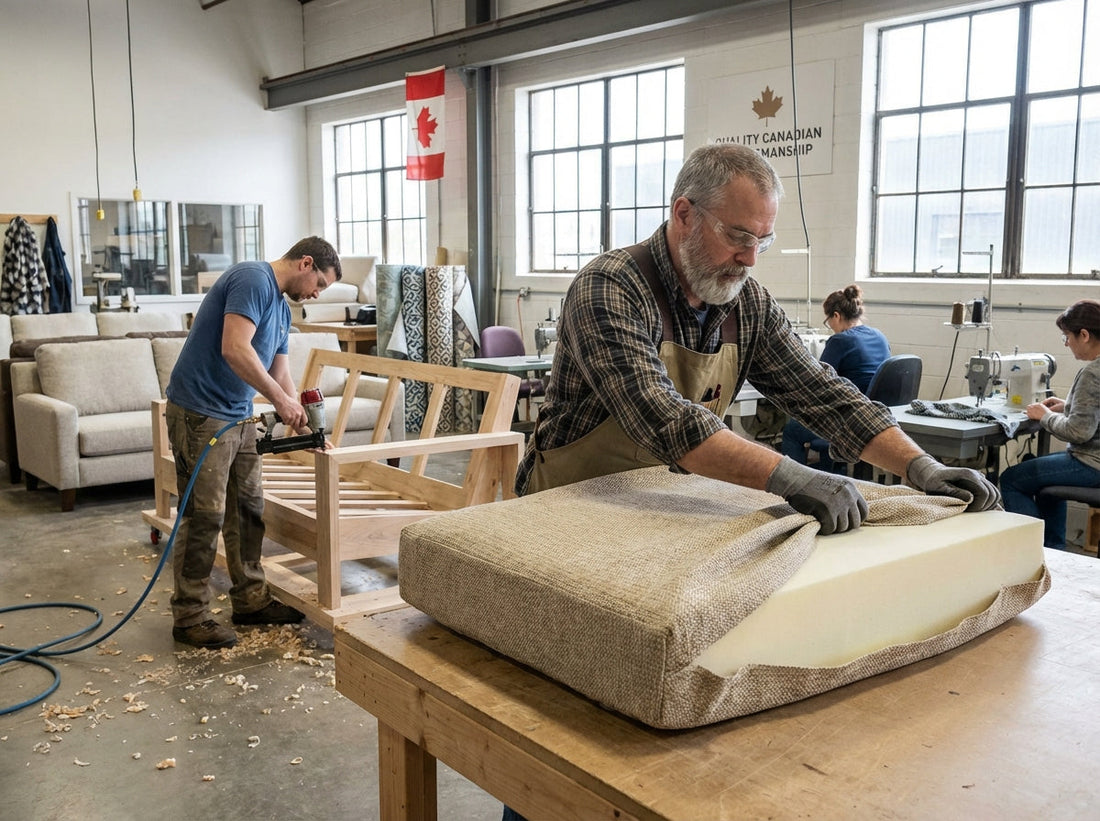 Furniture craftsmen assembling a sofa frame and upholstering cushions in a Canadian furniture workshop