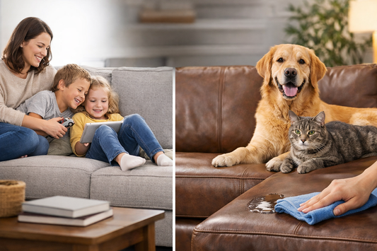Family relaxing on a fabric sofa and pets sitting on a leather sofa showing durability and lifestyle differences