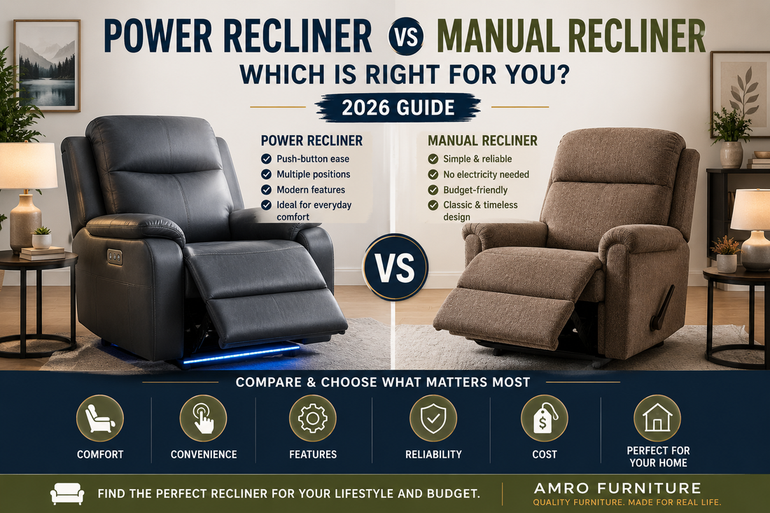 Power recliner and manual recliner side by side in a modern living room, comparing comfort, convenience, features, reliability, and cost.