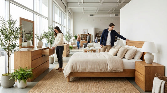 Couple browsing a modern wooden bedroom set with bed, nightstands, and dresser in a bright furniture showroom.