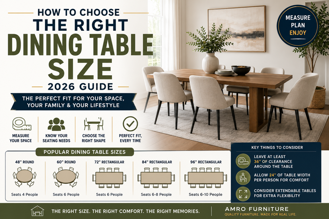 Modern rectangular dining table with upholstered chairs in a bright dining room, illustrating how to choose the right dining table size for your space and seating needs.