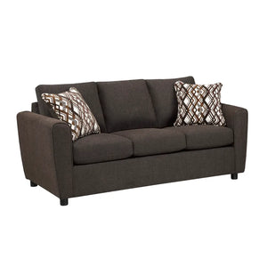 Dark gray sofa with patterned cushions