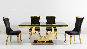Florence Black Marble Dining Set – Luxury Gold Base & Velvet Chairs