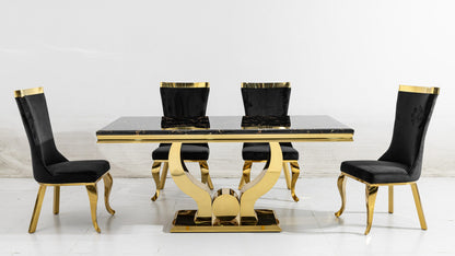 Florence Black Marble Dining Set – Luxury Gold Base & Velvet Chairs