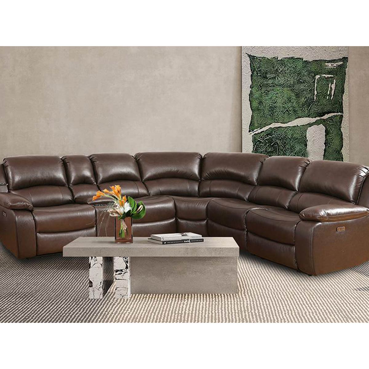 Maxim Leather Reclining Sectional in Chocolate Brown Kwality