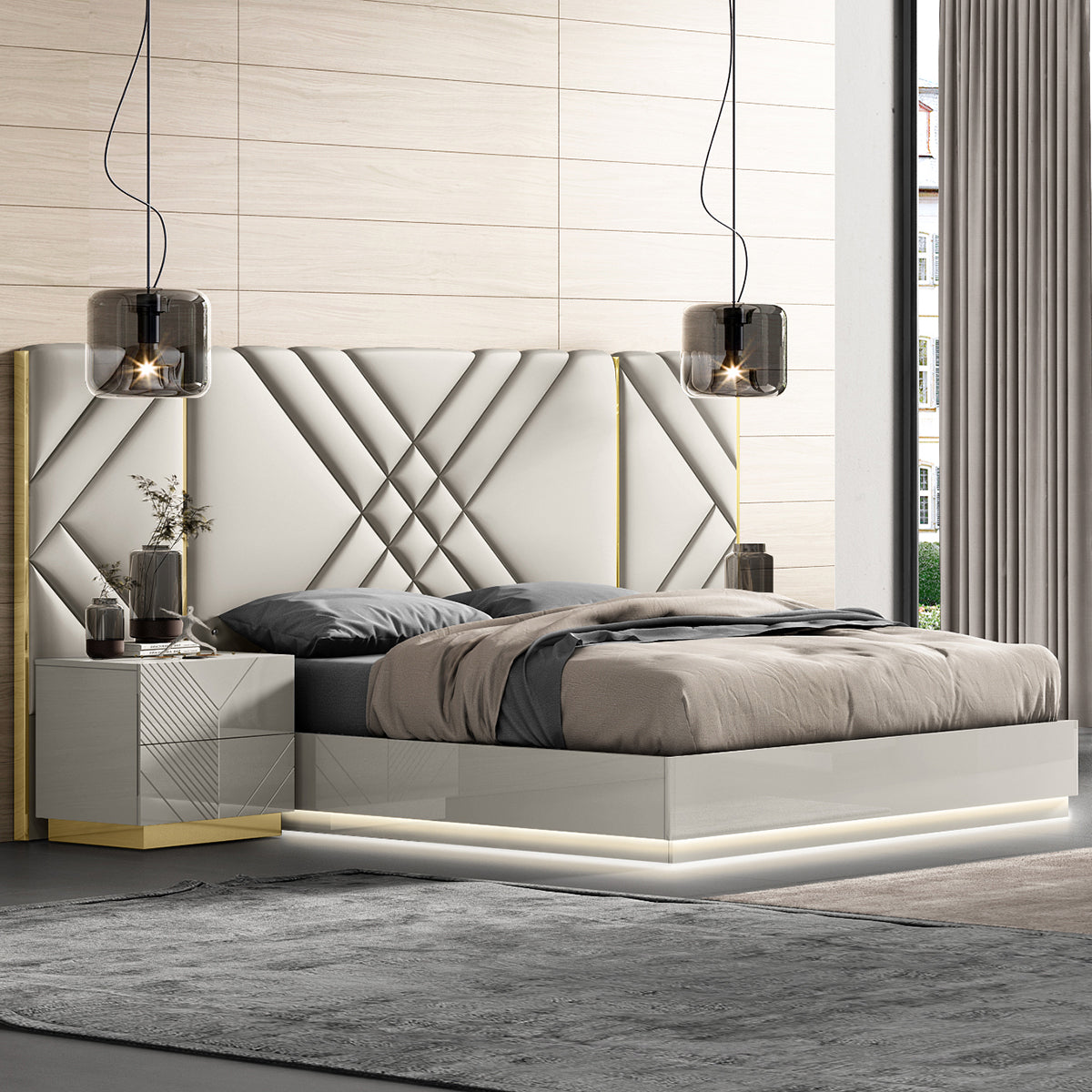 AKIRA 6 PC Bedroom Set in Grey Lacquer Kwality