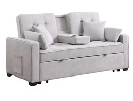 Ethan Chase Light Grey Pull Out Sofa Bed With USB Ports & Cup Holders