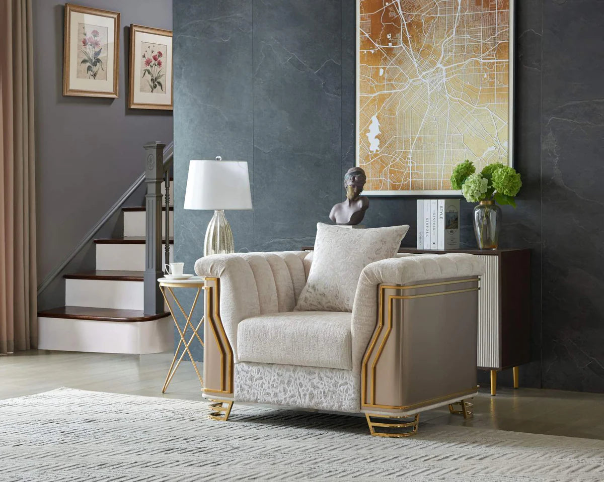 Chateau Beige Fabric 3 PC Sofa Set with Gold-tone Accents 8625 Matrix Furniture