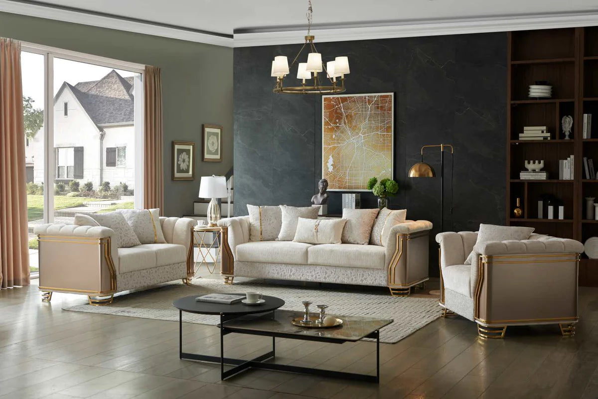 Chateau Beige Fabric 3 PC Sofa Set with Gold-tone Accents 8625 Matrix Furniture
