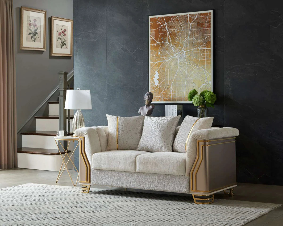 Chateau Beige Fabric 3 PC Sofa Set with Gold-tone Accents 8625 Matrix Furniture