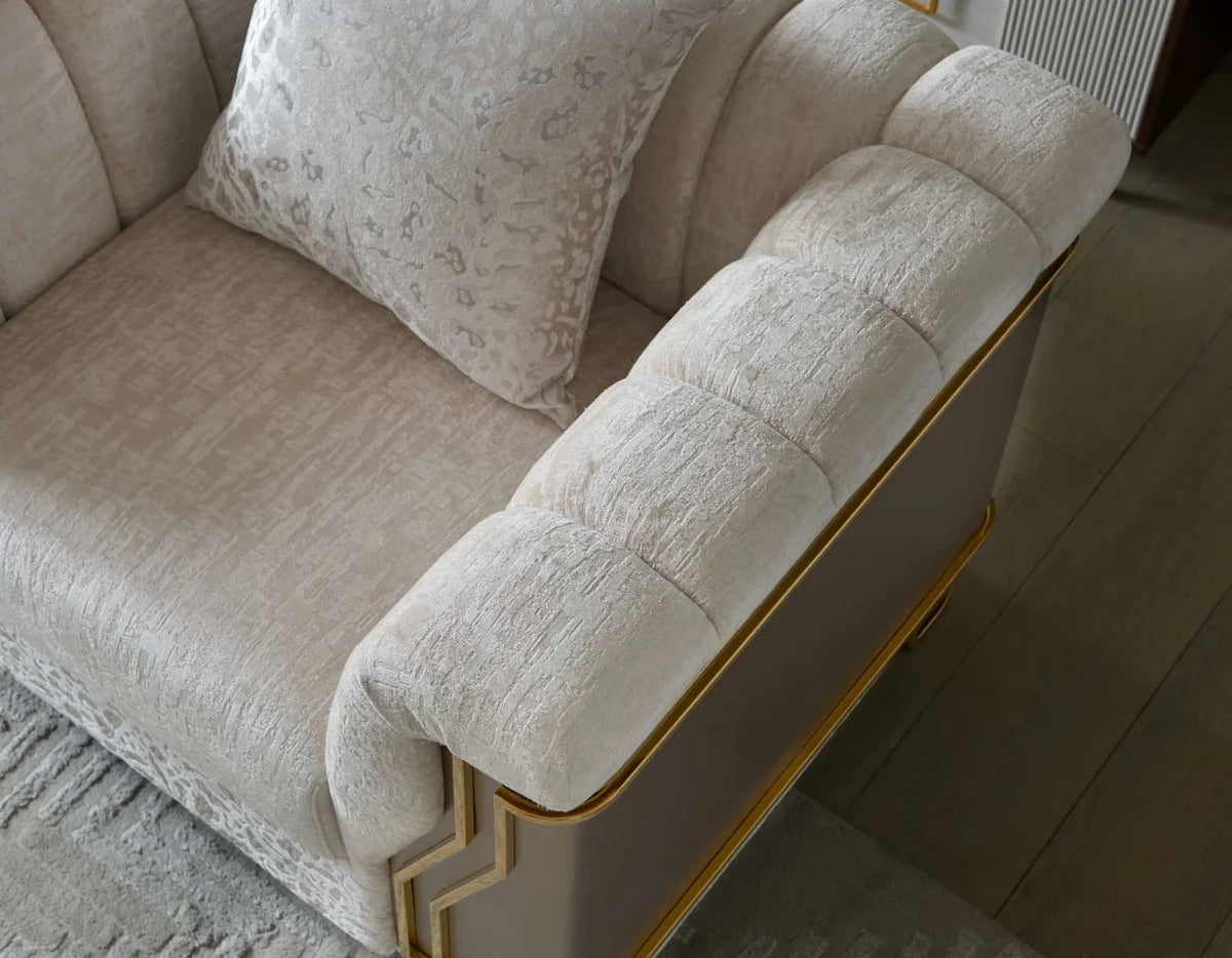 Chateau Beige Fabric 3 PC Sofa Set with Gold-tone Accents 8625 Matrix Furniture
