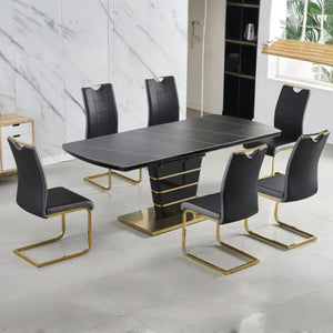 Ryan Black Extendable Sintered Stone  7PC Dining Set with Black and Gold Chairs Amro Furniture