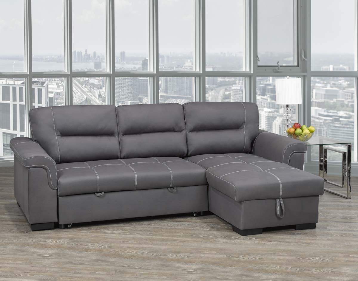Titus Pull-Out Fabric Sectional Sofa Sleeper in Grey Titus