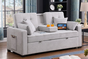 Ethan Chase Light Grey Pull Out Sofa Bed With USB Ports & Cup Holders