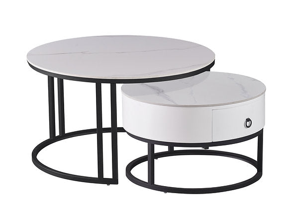 Set of 2 Coffee Table Calacatta White stone top | Storage drawer - IF-2669 IFDC
