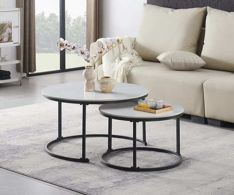 Set of 2 Coffee Table -Snowy White stone top | Black frame IFDC