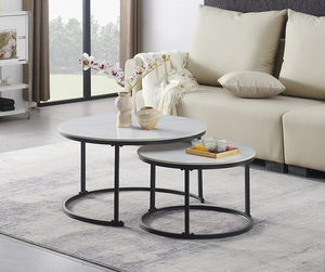 Set of 2 Coffee Table -Snowy White stone top | Black frame IFDC