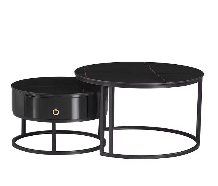 Set of 2 Coffee Table Marquina Black stone top Storage drawer- IF-2667 IFDC