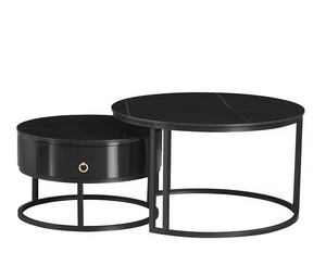 Set of 2 Coffee Table Marquina Black stone top Storage drawer- IF-2667 IFDC