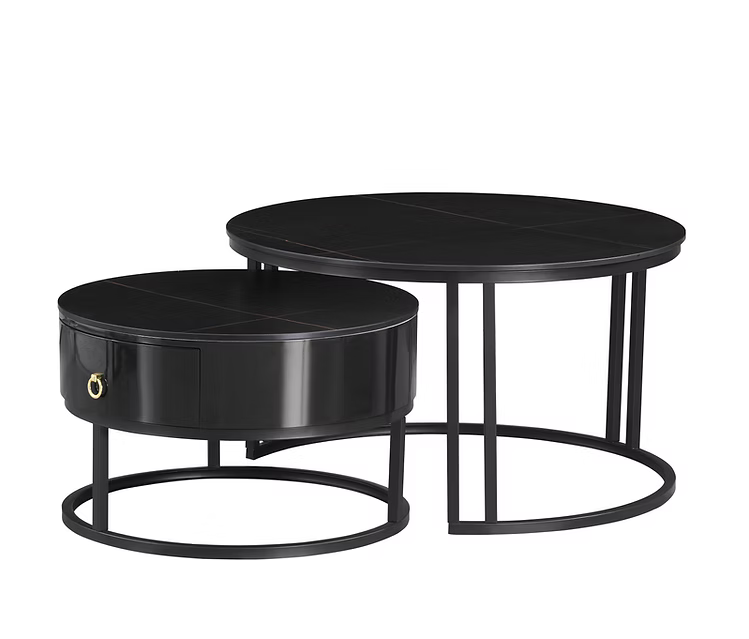 Set of 2 Coffee Table Marquina Black stone top Storage drawer- IF-2667 IFDC