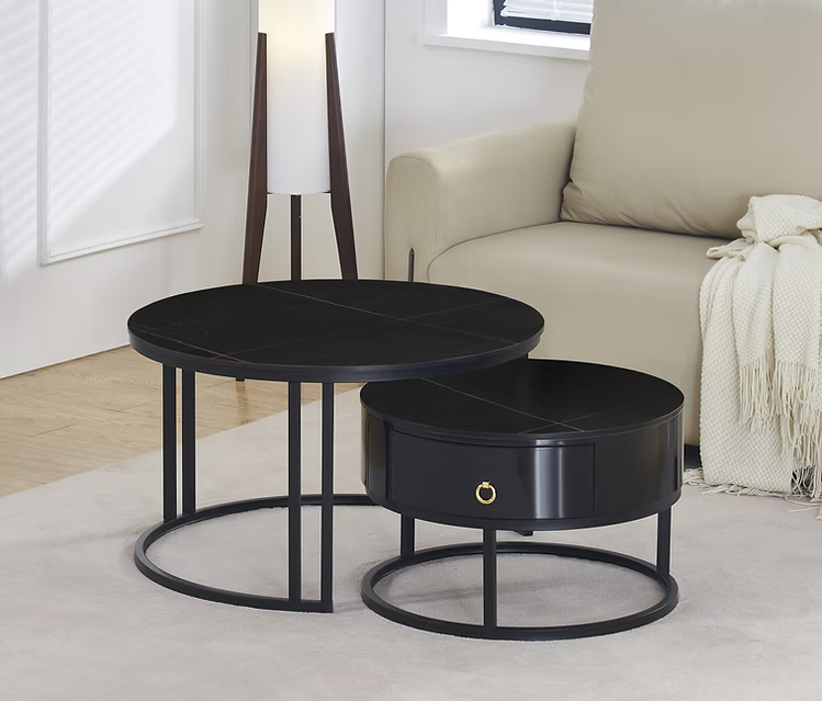Set of 2 Coffee Table Marquina Black stone top Storage drawer- IF-2667 IFDC