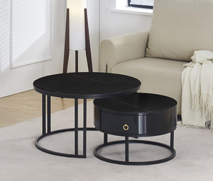 Set of 2 Coffee Table Marquina Black stone top Storage drawer- IF-2667 IFDC