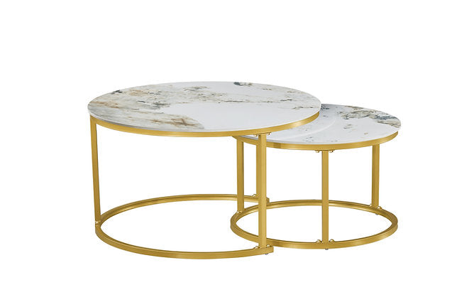 Set of 2 Coffee Table Pandora stone top | Gold frame - IF-2632 IFDC