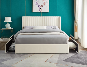 IF-5407 Creme and Gray Velvet Fabric Bed