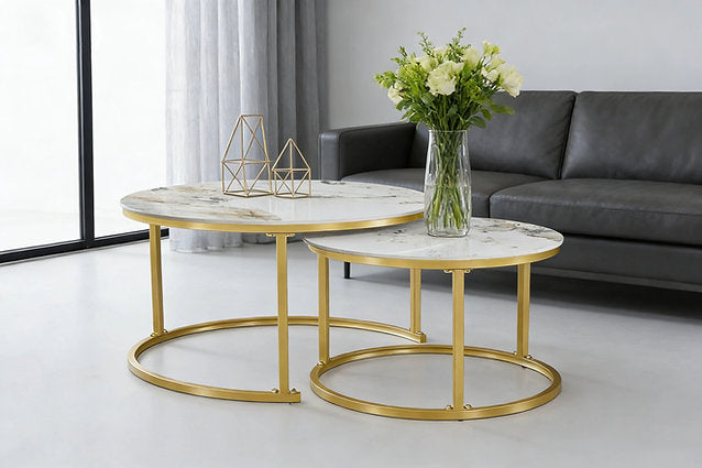 Set of 2 Coffee Table Pandora stone top | Gold frame - IF-2632 IFDC