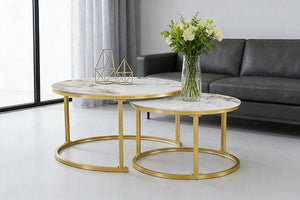 Set of 2 Coffee Table Pandora stone top | Gold frame - IF-2632 IFDC