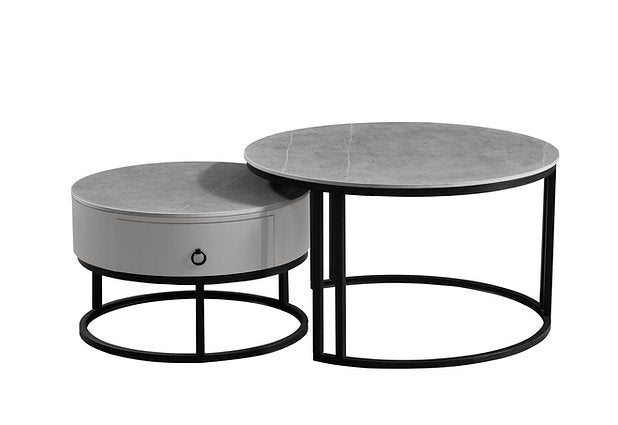 Set of 2 Coffee Table Armani Grey stone top  Storage drawer - IF-2668 IFDC