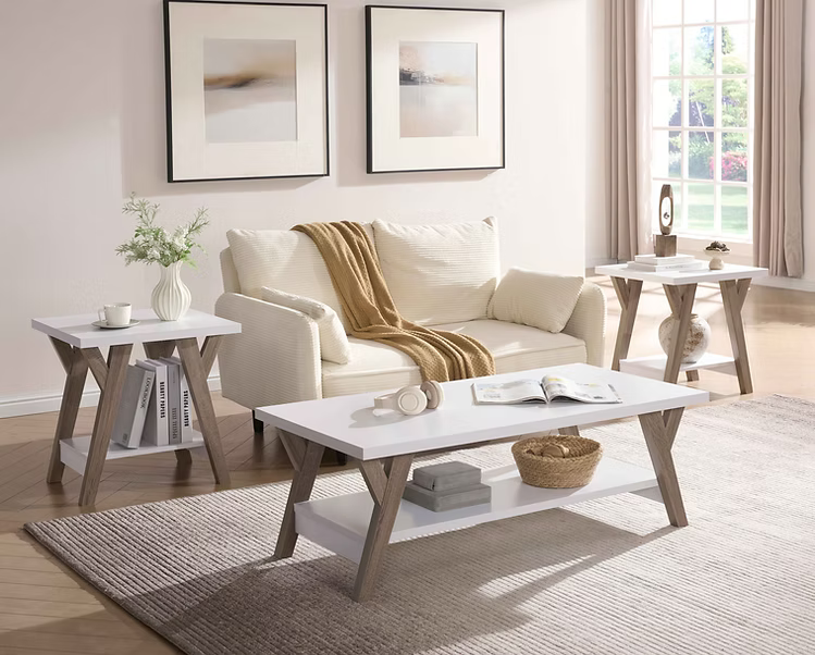 3 PC Coffee Table White top and shelf with natural legs - IF-3506 IFDC