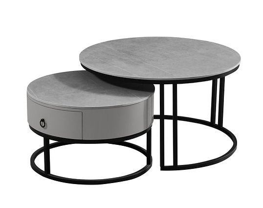 Set of 2 Coffee Table Armani Grey stone top  Storage drawer - IF-2668 IFDC