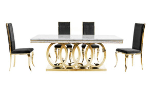 Luxury Ottawa Gold Dining Set with 4 chairs– White Marble Top and Black Velvet Chairs